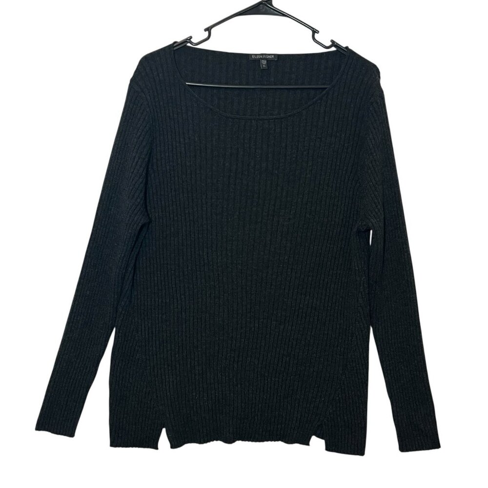 Eileen Fisher Women’s Sweater 100% Merino Wool XL Black Ribbed Long Sleeve - Picture 1 of 8